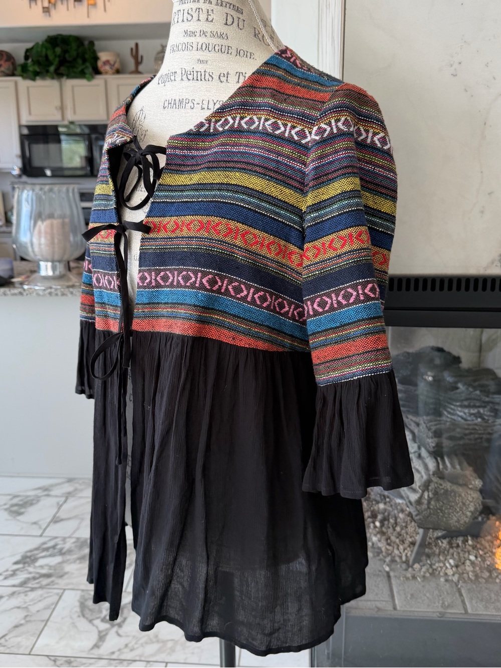 Pleione Anthropology Multicolor Striped Yoke Black Tie-Front Peasant Top M - Picture 5 of 9